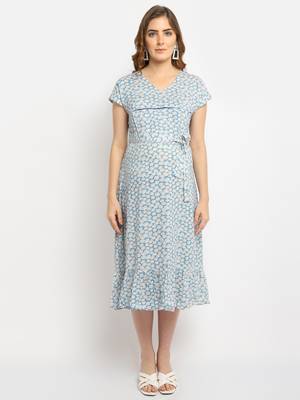 Moms Maternity Women's Maternity Rayon Floral Print Blue Midi Dress 3