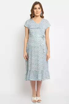 Moms Maternity Women's Maternity Rayon Floral Print Blue Midi Dress