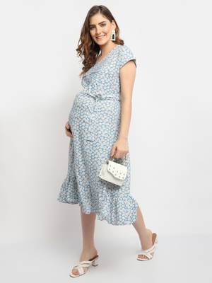 Moms Maternity Women's Maternity Rayon Floral Print Blue Midi Dress 4