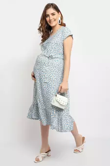 Moms Maternity Women's Maternity Rayon Floral Print Blue Midi Dress