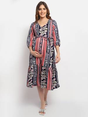 Moms Maternity Women's Maternity Crepe Floral Print Multi Color Midi Dress 1