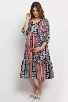 Moms Maternity Women's Maternity Crepe Floral Print Multi Color Midi Dress