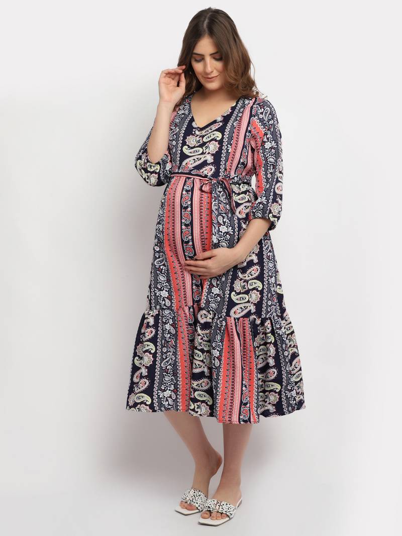 Moms Maternity Women's Maternity Crepe Floral Print Multi Color Midi Dress
