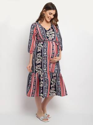Moms Maternity Women's Maternity Crepe Floral Print Multi Color Midi Dress 3