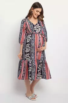 Moms Maternity Women's Maternity Crepe Floral Print Multi Color Midi Dress
