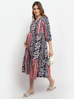 Moms Maternity Women's Maternity Crepe Floral Print Multi Color Midi Dress 4