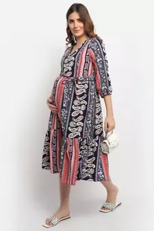 Moms Maternity Women's Maternity Crepe Floral Print Multi Color Midi Dress