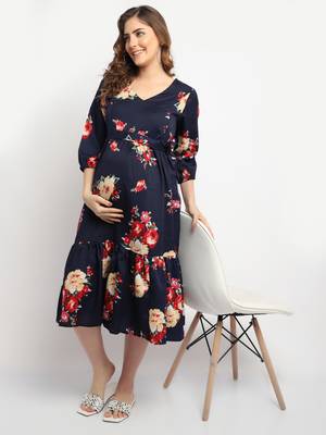 Moms Maternity Women's Maternity Crepe Floral Print Navy Blue Midi Dress 1