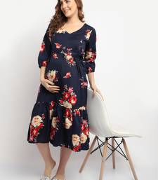 Moms Maternity Women's Maternity Crepe Floral Print Navy Blue Midi Dress