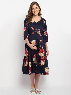 Moms Maternity Women's Maternity Crepe Floral Print Navy Blue Midi Dress 2