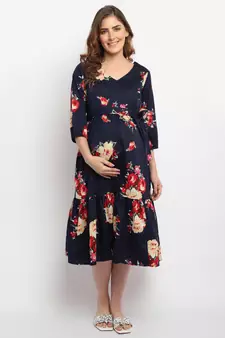 Moms Maternity Women's Maternity Crepe Floral Print Navy Blue Midi Dress