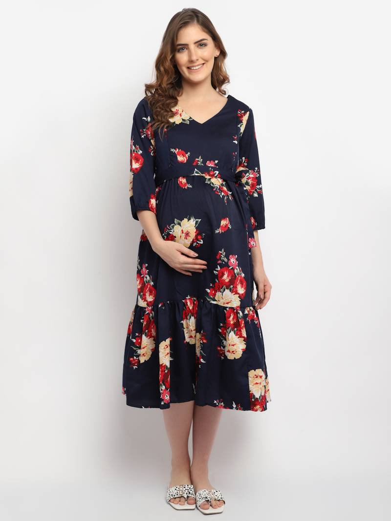 Moms Maternity Women's Maternity Crepe Floral Print Navy Blue Midi Dress