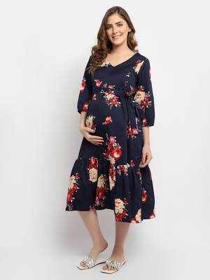 Moms Maternity Women's Maternity Crepe Floral Print Navy Blue Midi Dress 3