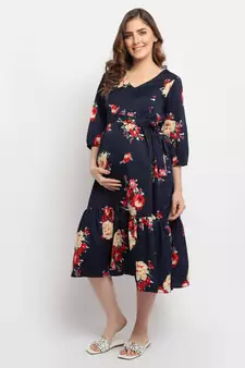 Moms Maternity Women's Maternity Crepe Floral Print Navy Blue Midi Dress