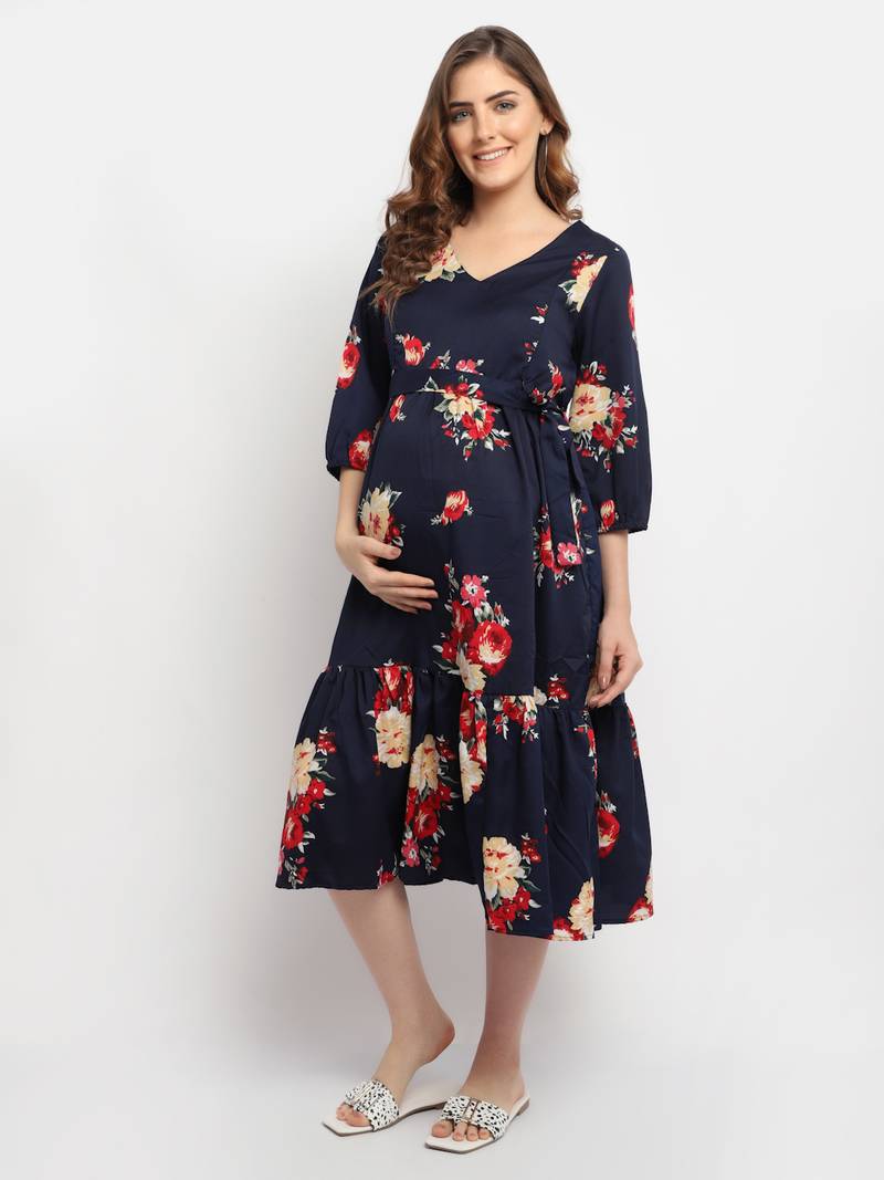 Moms Maternity Women's Maternity Crepe Floral Print Navy Blue Midi Dress
