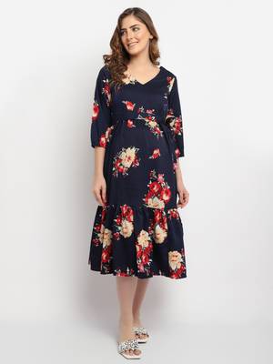 Moms Maternity Women's Maternity Crepe Floral Print Navy Blue Midi Dress 4