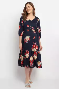 Moms Maternity Women's Maternity Crepe Floral Print Navy Blue Midi Dress