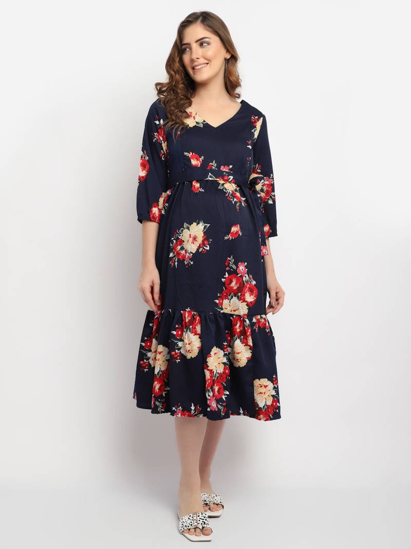 Moms Maternity Women's Maternity Crepe Floral Print Navy Blue Midi Dress