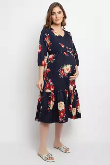 Moms Maternity Women's Maternity Crepe Floral Print Navy Blue Midi Dress