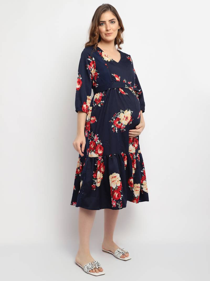 Moms Maternity Women's Maternity Crepe Floral Print Navy Blue Midi Dress