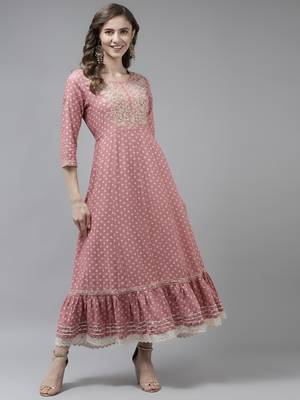 Pink embroidered viscose rayon long-dresses 1