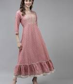 Pink embroidered viscose rayon long-dresses