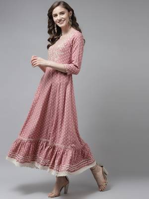 Pink embroidered viscose rayon long-dresses 2