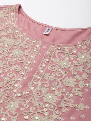 Pink embroidered viscose rayon long-dresses 4