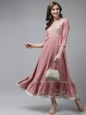 Pink embroidered viscose rayon long-dresses 5