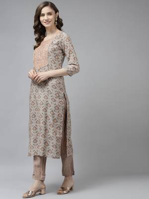 Beige printed art silk ethnic-kurtis 2