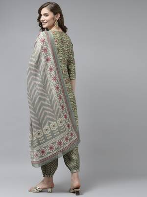 Olive printed art silk ethnic-kurtis 3