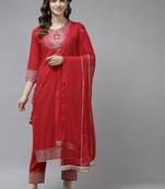 Red embroidered cotton ethnic-kurtis