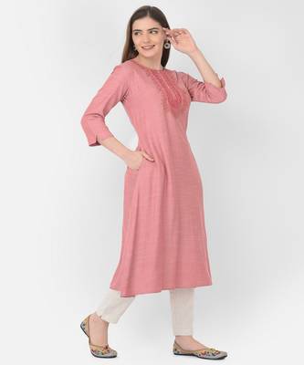 Span Pink Embroidered A-line Kurta 2