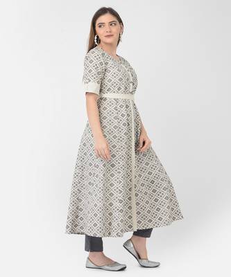 Span Off White Printed A-line Kurta 2