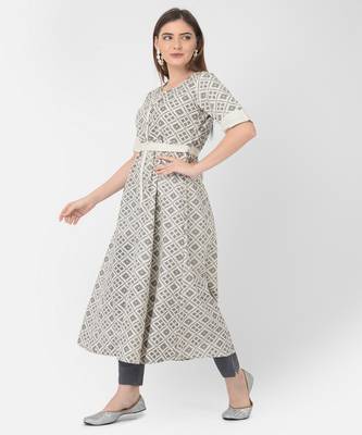Span Off White Printed A-line Kurta 3