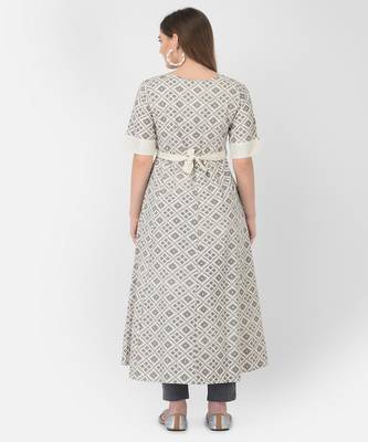 Span Off White Printed A-line Kurta 4
