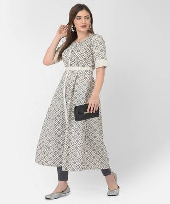 Span Off White Printed A-line Kurta 6