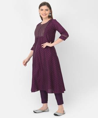 Span Purple Embroidered A-line Kurta 4