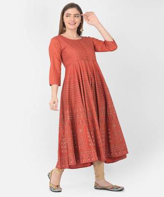 Span Red Printed Flaired Kurta 2