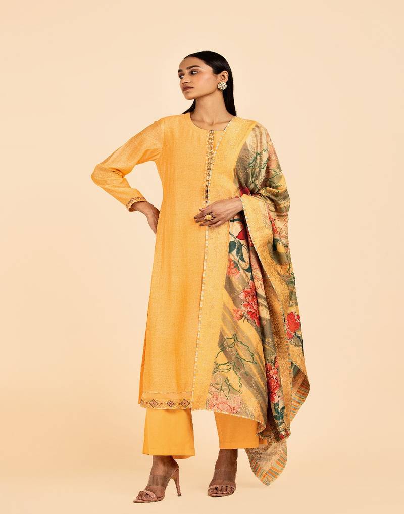Yellow - Jacquard Cotton 2pc Unstitched Dress Material Kurta Set 48