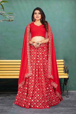 Fabulous Georgette Red Embroidery Sequence Bridal Lehenga Choli 1
