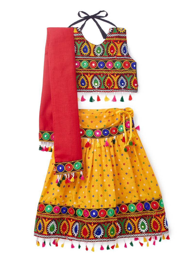 Banjara India Kutchi Embroidered Girls Chaniya Choli with Dupatta (CC-POP) - Mango