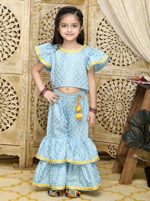 Sky Blue and Gold sharara Top with yellow lace detailing 1