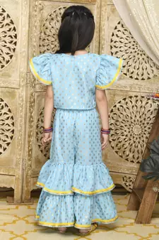 Sky Blue and Gold sharara Top with yellow lace detailing