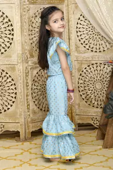 Sky Blue and Gold sharara Top with yellow lace detailing