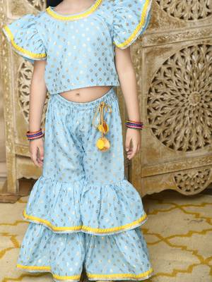 Sky Blue and Gold sharara Top with yellow lace detailing 4