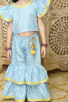 Sky Blue and Gold sharara Top with yellow lace detailing