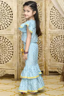 Sky Blue and Gold sharara Top with yellow lace detailing