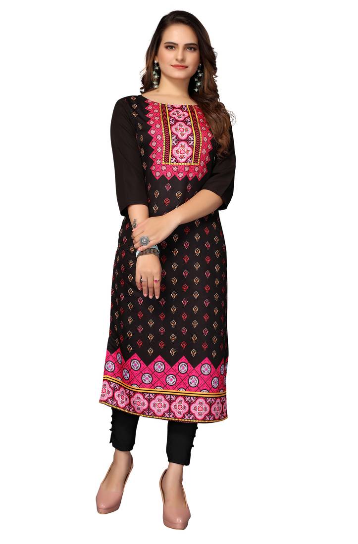 Mohvogue Women's Black Printed Poly Crepe Kurta.