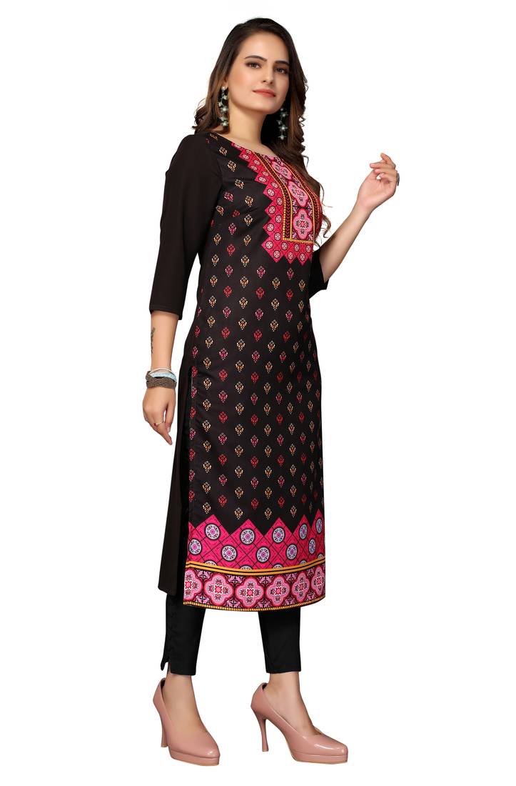 Mohvogue Women's Black Printed Poly Crepe Kurta.